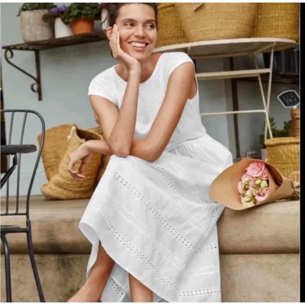 Boden Polly Mixed Media Cap Sleeve Dress Ivory White Cotton Eyelet Size 2 Petite - Picture 2 of 8